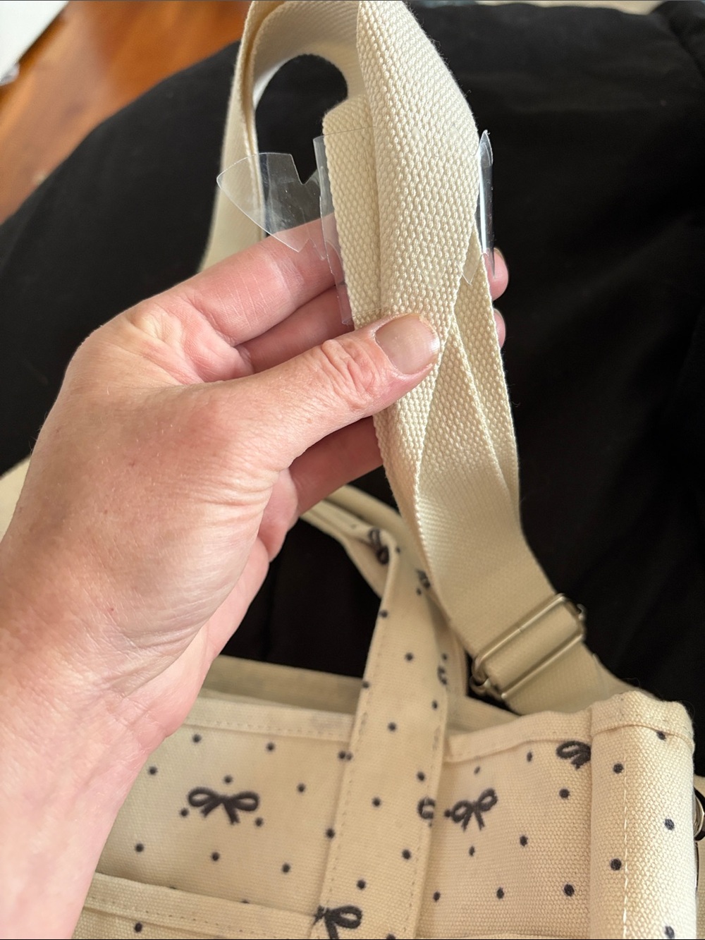 Madden girl. Cream Bow-Print Canvas Tote Bag with Bear Charm. - Picture 9 of 15